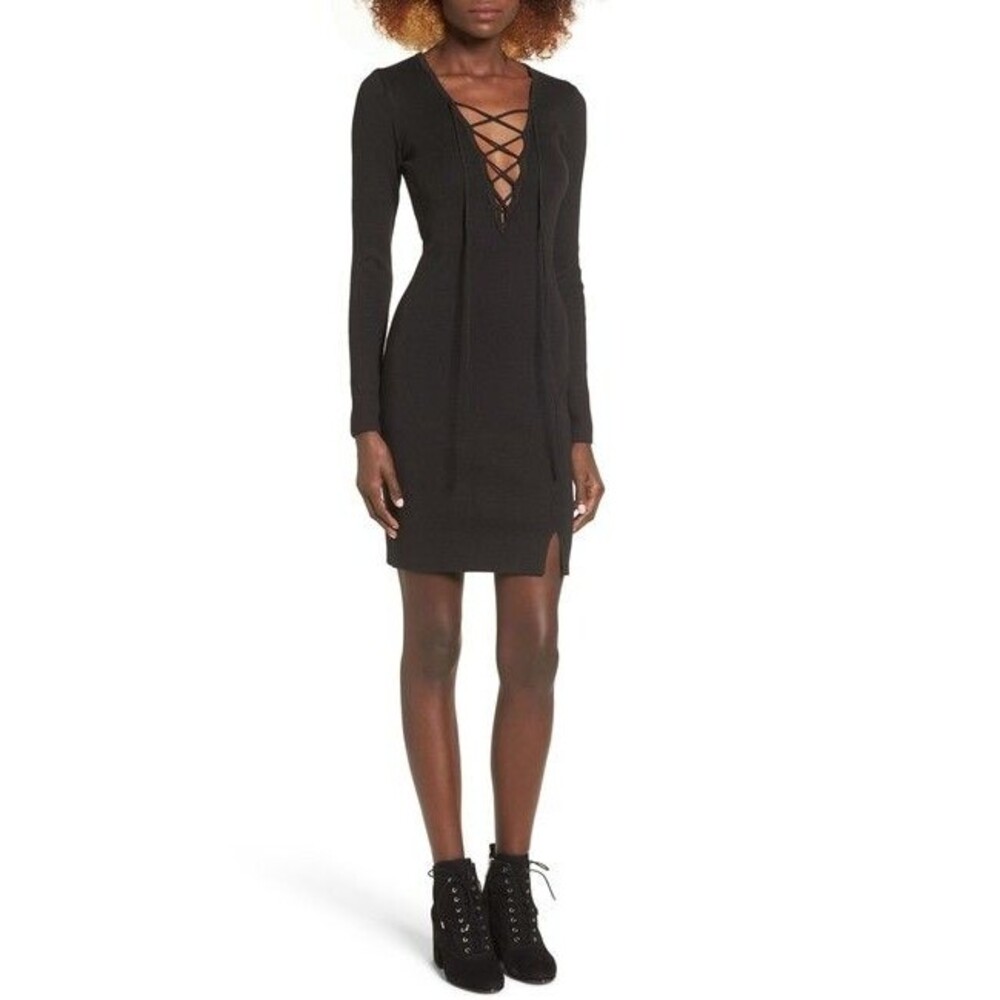 WAYF Nordstrom Gala Bodycon Mini Dress S Lace Up Stretch Black Casual EUC A1